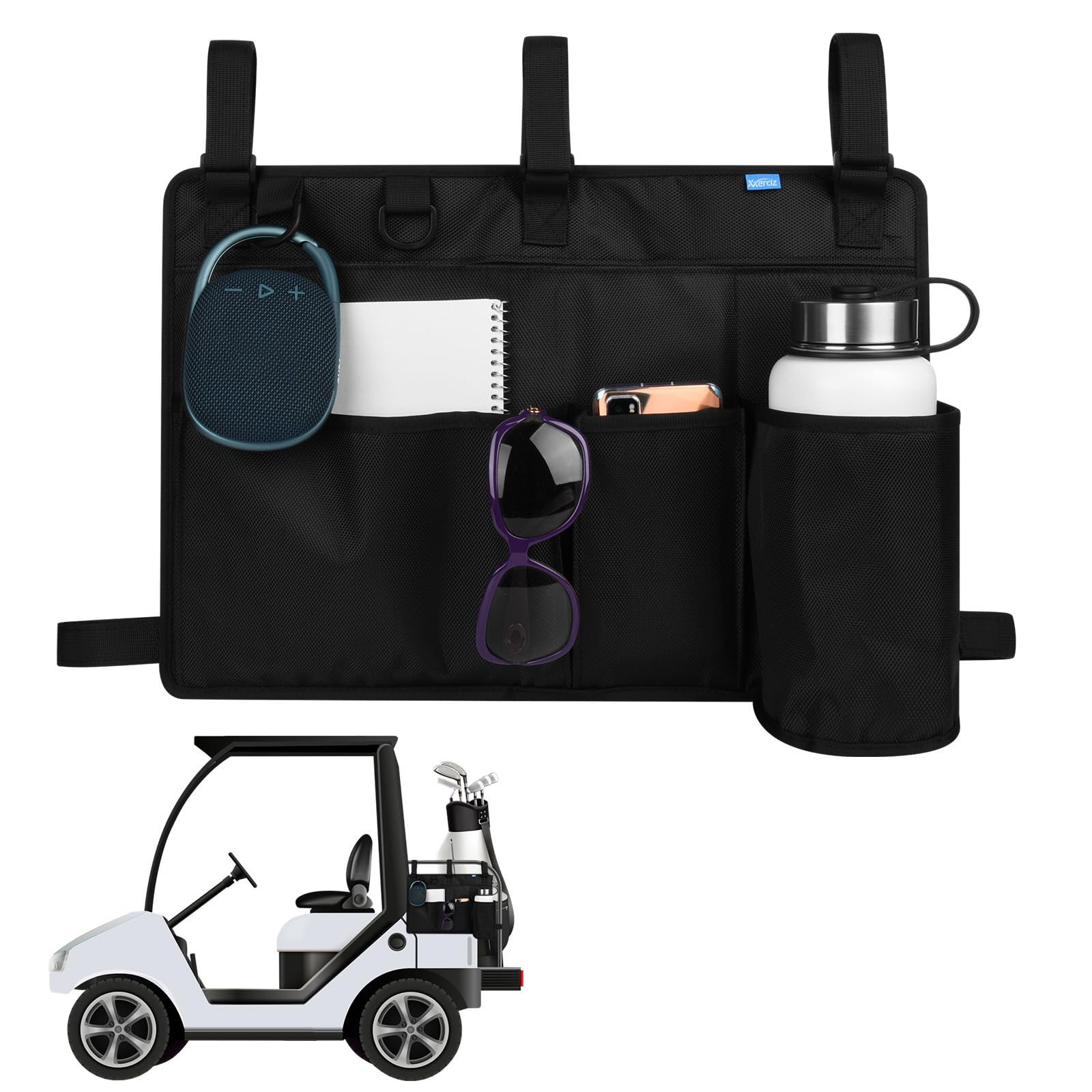 Xxerciz Golfwagen-Rücksitz-Organizer, leichte, faltbare Aufbewahrungstasche, tragbares Golfwagen-Zubehör mit verstellbarem Gurt für EZGO Yamaha Club Auto, Rollstuhl und Rollator