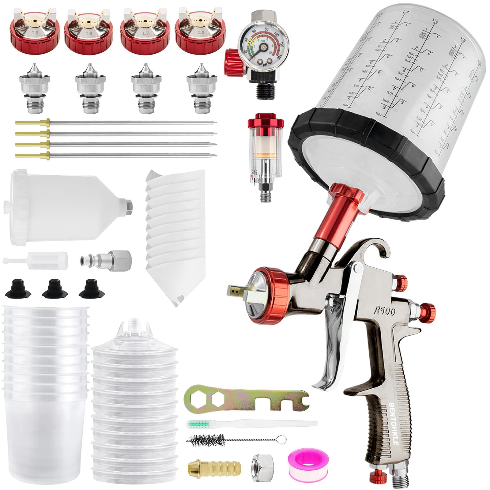 R500 LVLP Luftspritzpistole mit 650 ml Einweg-Farbbechern, 1,3/1,5/1,7/2,0 mm Düsen, R500 Lackpistolen, Automobil-LVLP-Autolackpistole, Sprühgerät für Hauslackierung, Auto, Möbel, Lack und Decklack