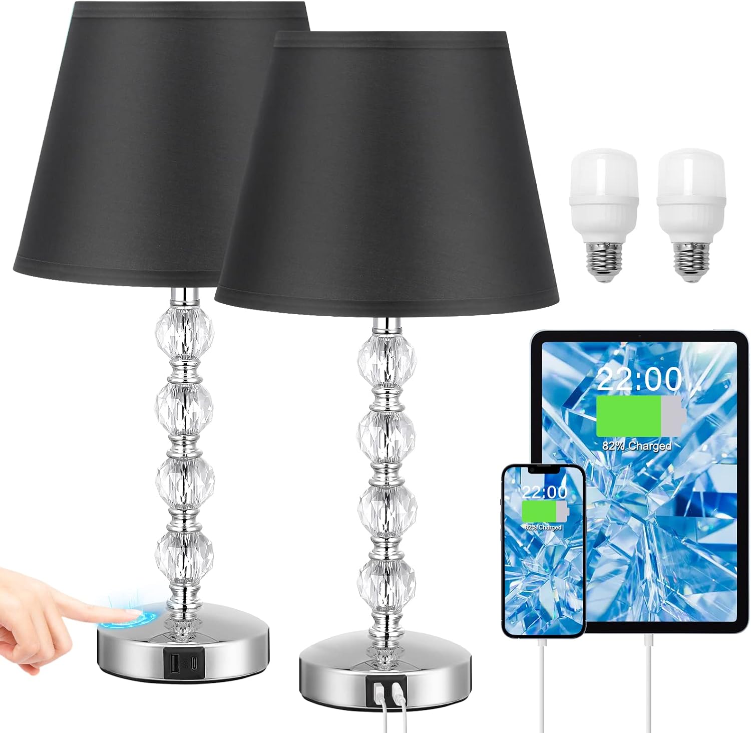 Acaxin Bedside Lamp for Bedroom Set of 2 Crystal Bedside Table Lamps with USB C Charging Ports, Touch Control Nightstand Lamp, Dimmable Black Bed Lamp for Girls for Living Guest Dinning Room