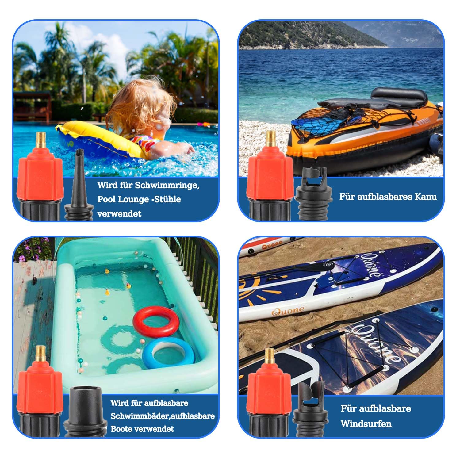 Adaptateur de Pompe Sup Gonflable, Adaptateur de Valve Sup avec 9 Buses, Adaptateur de Pompe air pour Planches pagaie, canoës, Bateaux gonflables, Kayaks, Lits gonflables, etc.