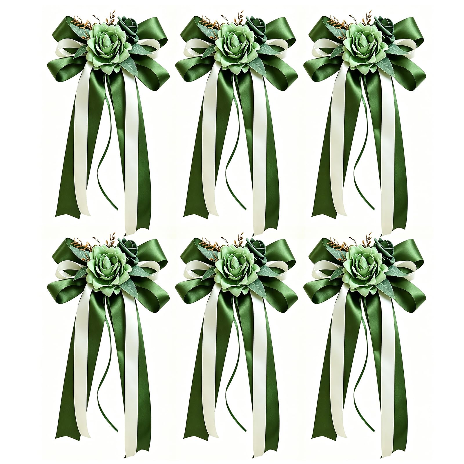 MospdyGear Set of 6 Green Car Bows with Artificial Flowers, Wedding Car Decoration for Door Handles and Mirrors, Ideal for Weddings and Parties — image 1