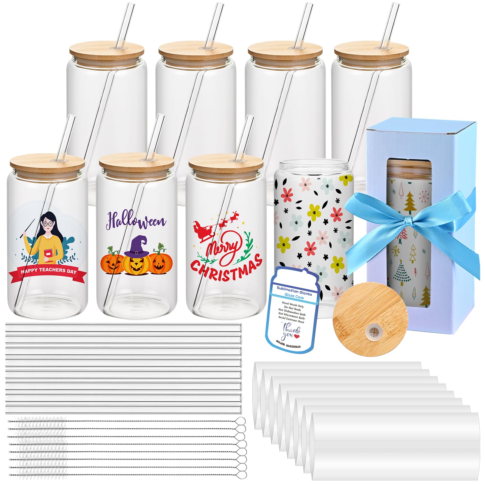 MAFYE Sublimation Glass Blanks with Bamboo Lid, 16OZ Clear Sublimation Beer Cups with Glass Straws Gift Box for Christmas, Mason Jar Cups Mug Travel