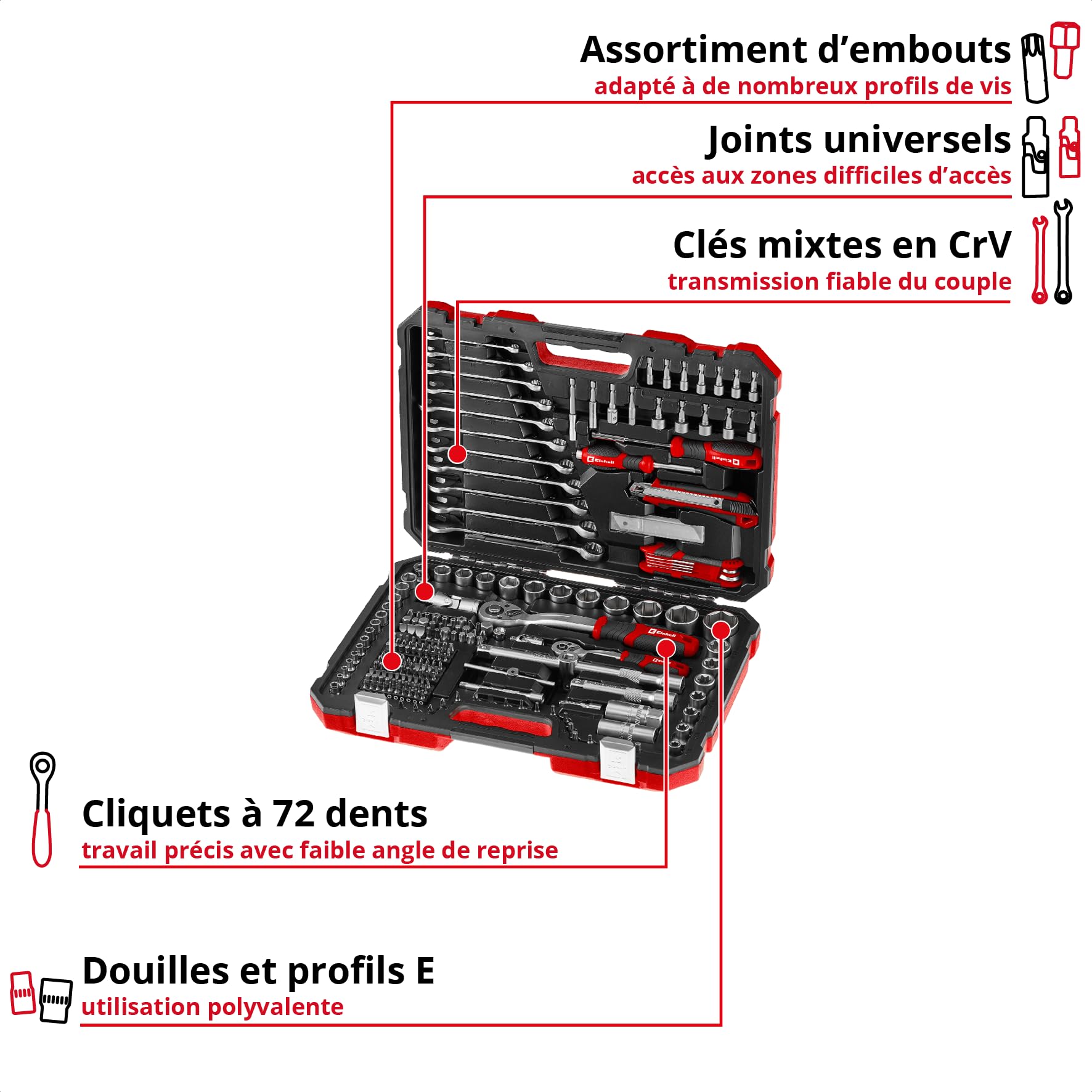 Einhell 233 pièces coffret à outils de mécanicien | Cliquets | clés mixtes | jeu d'embouts | douilles | rallonges | adaptateurs | clés mâles