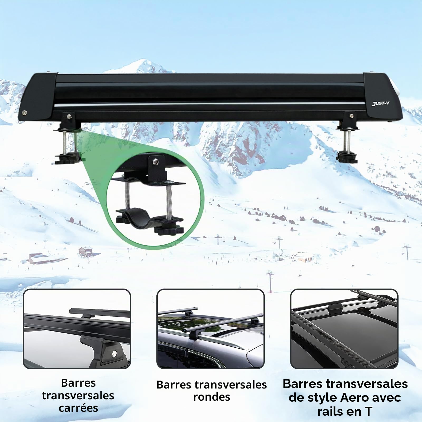 Just-V Porte-skis universel pour 4 paires de ski et 2 snowboards Montage sur barres de toit en acier et aluminium Snowpack Porte-skis, Noir