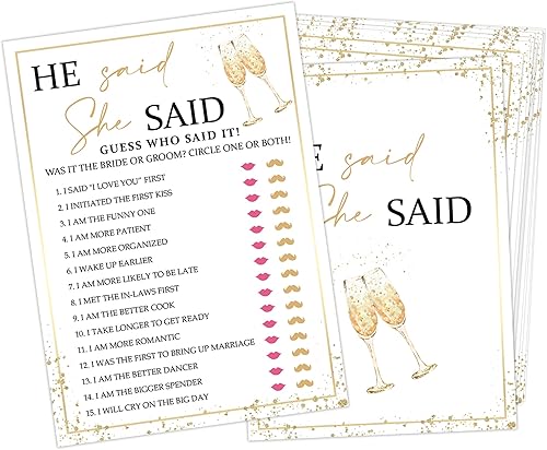 He Said She Said - Juegos de despedida de soltera, despedida de soltera y despedida de soltera, juego de 30 tarjetas, tarjetas de juego de