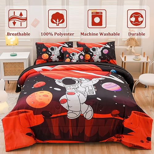 Miniatura 4 de Juego de edredón de tamaño matrimonial para niños, juego de ropa de cama de astronauta del espacio exterior en una bolsa, juego de edredón de 6
