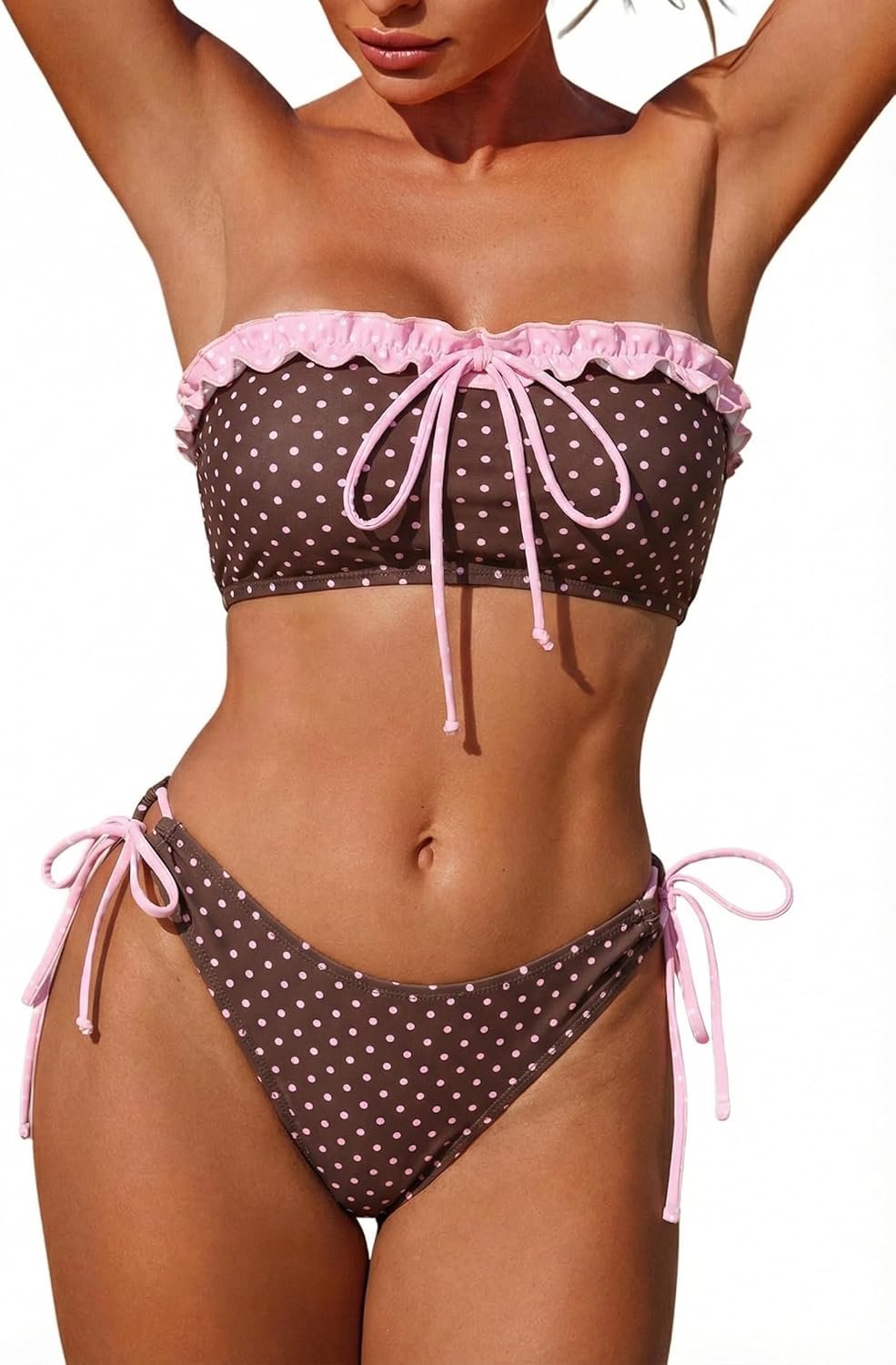 ZAFUL Womens Bandeau Bikini Sets Cheeky Ruffle Strapless High Cut Bow Tie Color Block 2 Piece Swimsuits