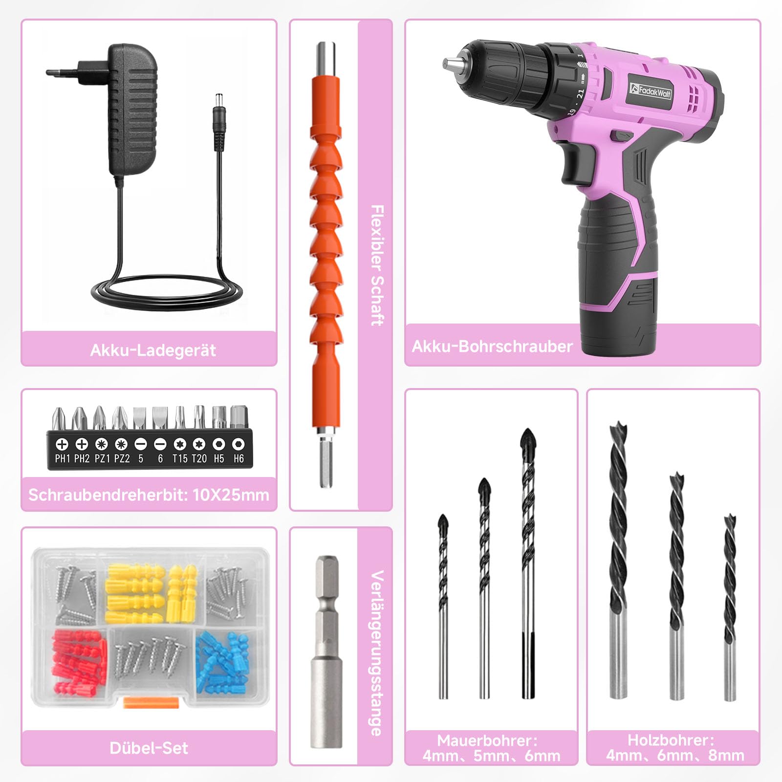 FADAKWALT Visseuse Devisseuse Sans Fil 12V, Perceuse Visseuse Sans Fil avec Batterie, 50 Pièces, 21+1 Réglages de Couple, 19 Nm, Lumières LED, Adaptée aux Travaux Domestiques, Rose