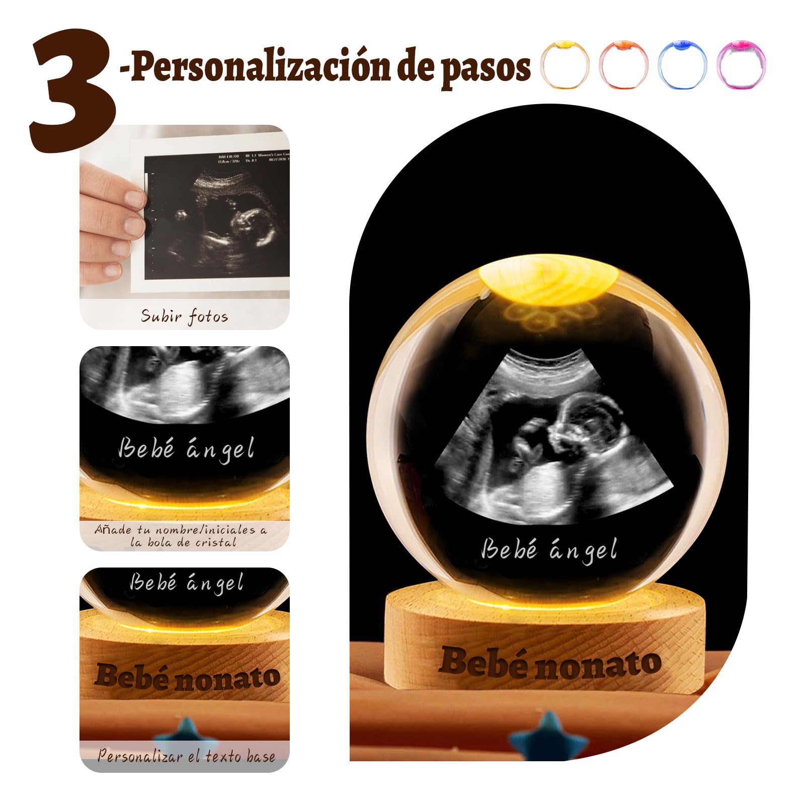 Esfera de Cristal Personalizada 3D con Foto y Texto - Bola de Cristal con Base de Madera Grabada, Regalo de Fotografía 3D Navidad, Halloween, Ultrasonidos, Familia (Ecografía)