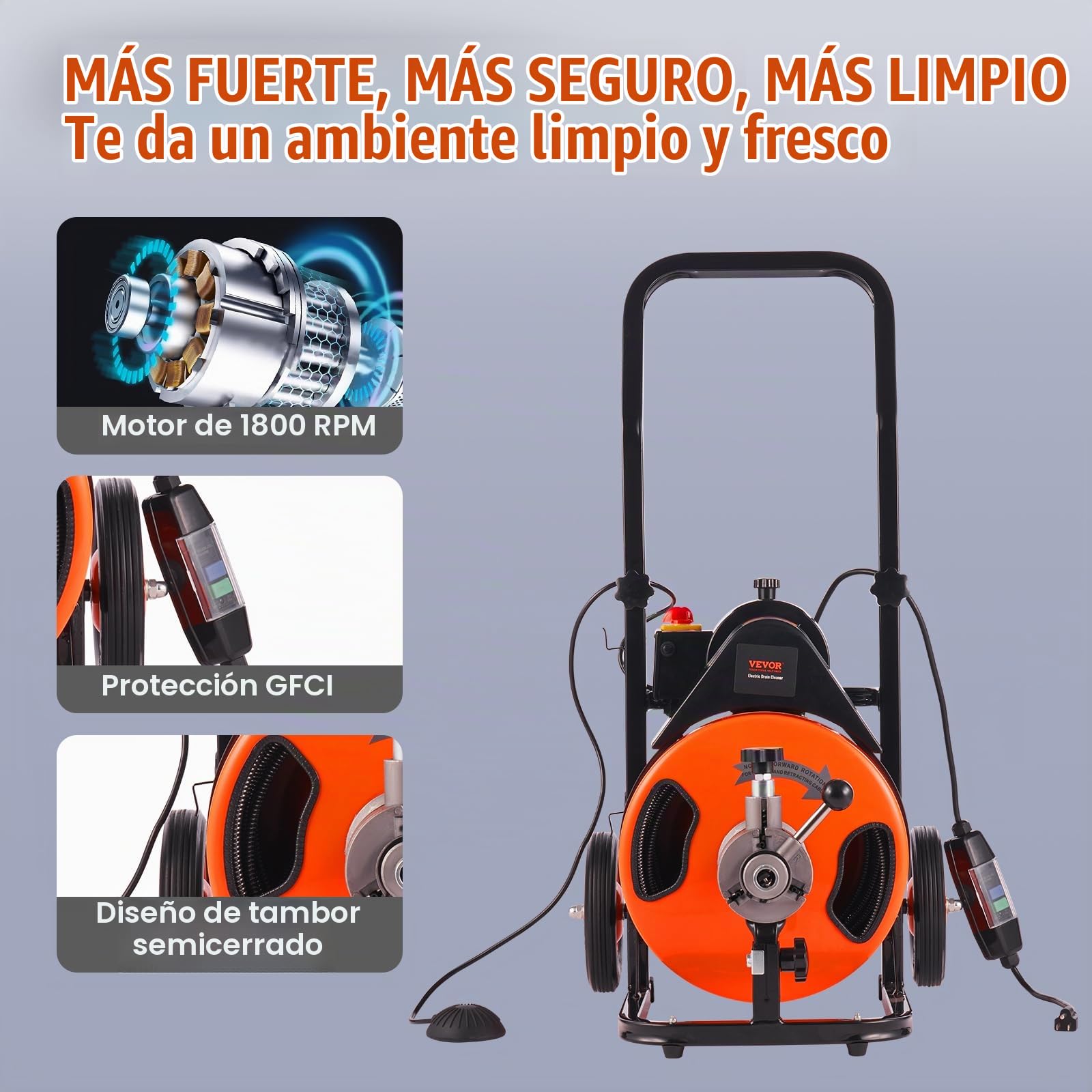 VEVOR Desatascador Eléctrico de Desagües 15m x 12,7mm Máquina Limpiadora de Tuberías Fuente de Alimentación Automático con 4 Cortatubos de Pie para Tuberías de 2,54-10,16 cm Alcantarillado Inodoro