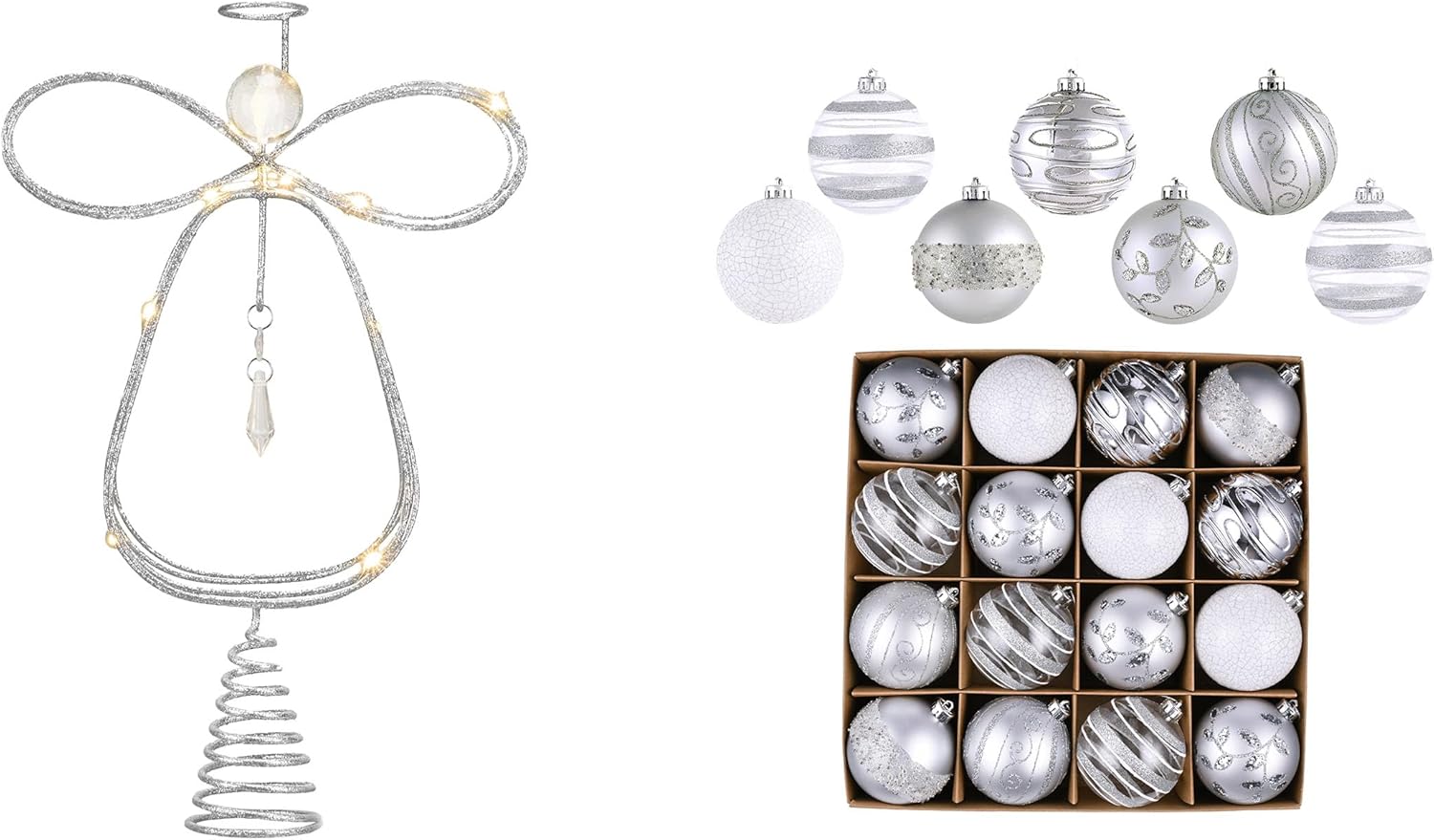 Valery Madelyn Christmas Angel Tree Topper with Timer&Christmas Tree Ornaments Set, 16ct White and Silve（2 Items Buddle