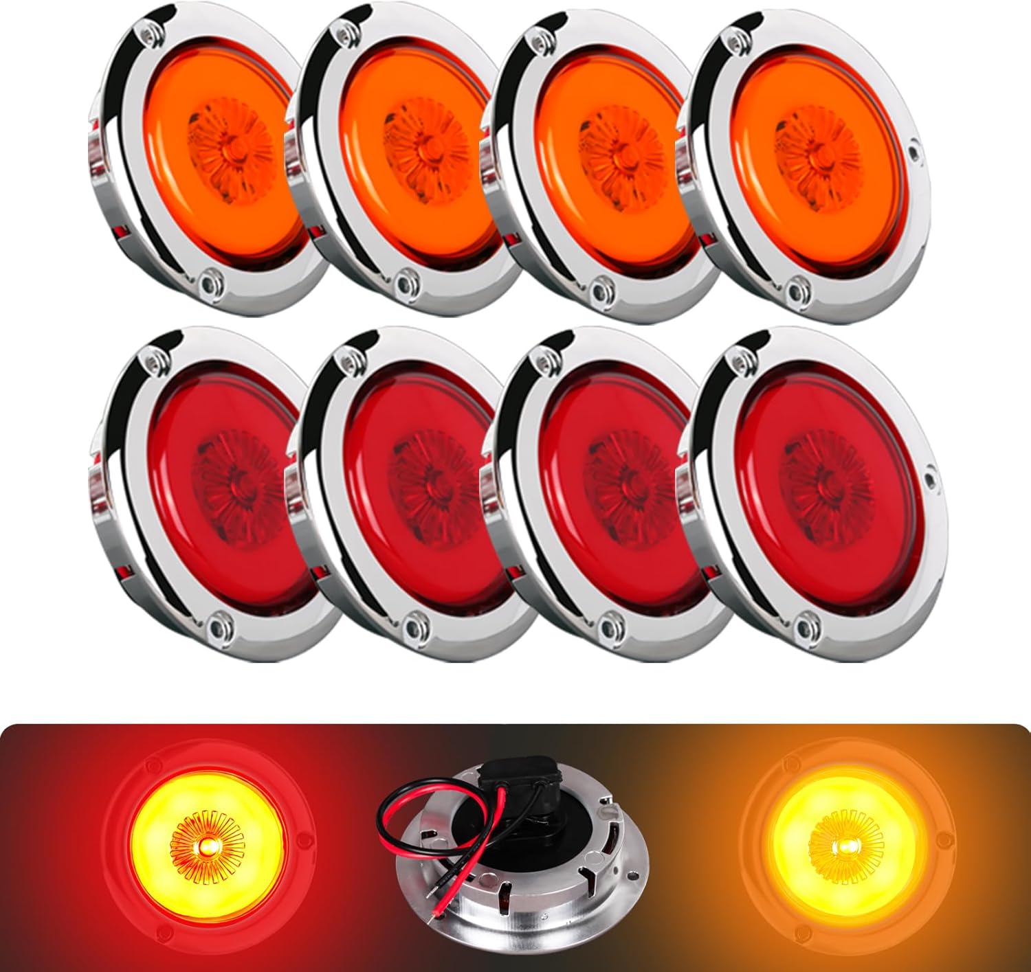 NEW SUN 8-Pack Premium 2 Inch Round LED Marker Lights, IP67 Waterproof, Halo & Neon Design, Stainless Chrome Bezel, Flange Mount for Utility Trailer, Camper, Truck, Pick-up, Boats, Red & Amber