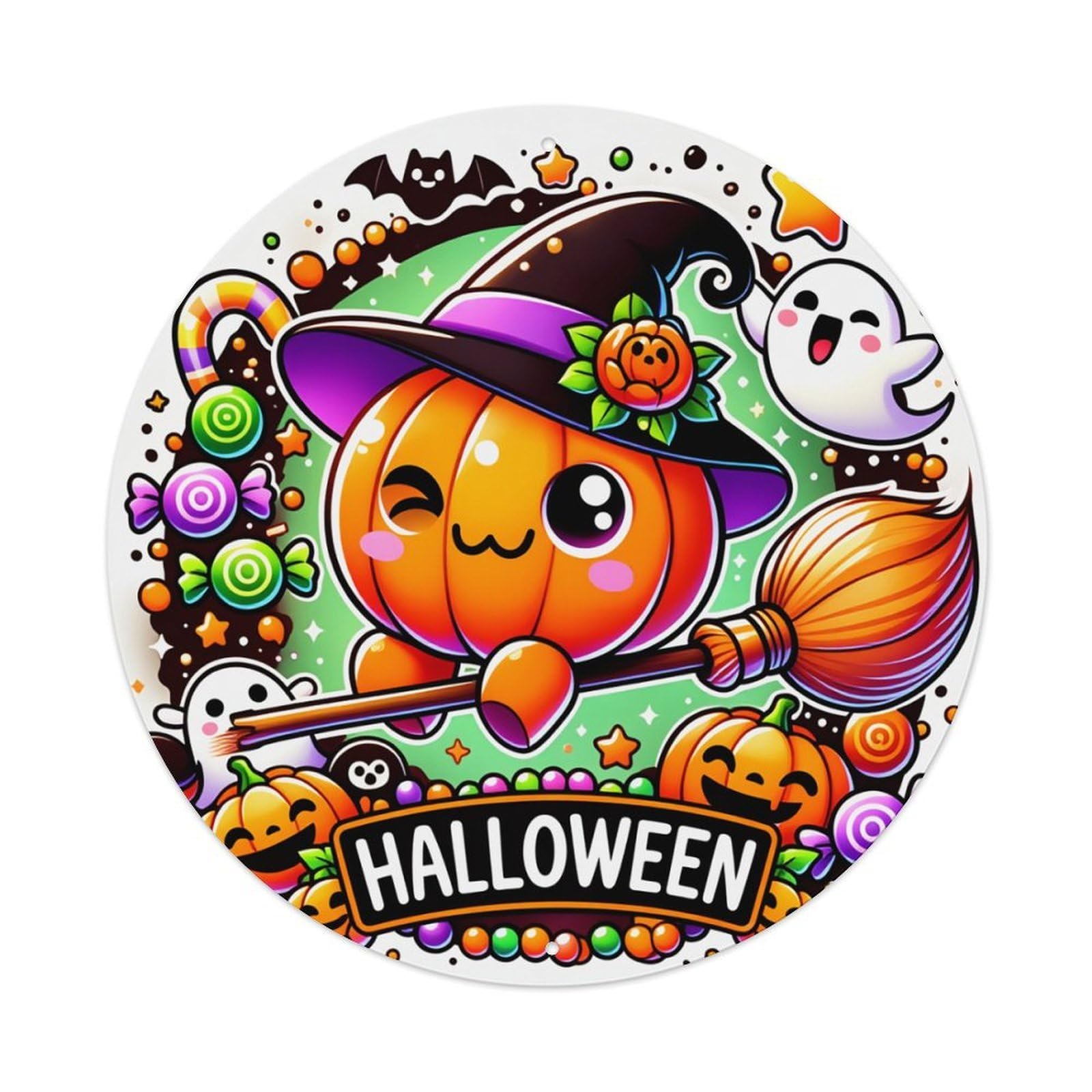 Cute Pumpkin Witch Candy Stars Round Tin Sign Retro Metal Sign for Cafe Bar Pub Home Game Room Gym Club Wall Decoration Vintage Metal Poster 8x8 Inch