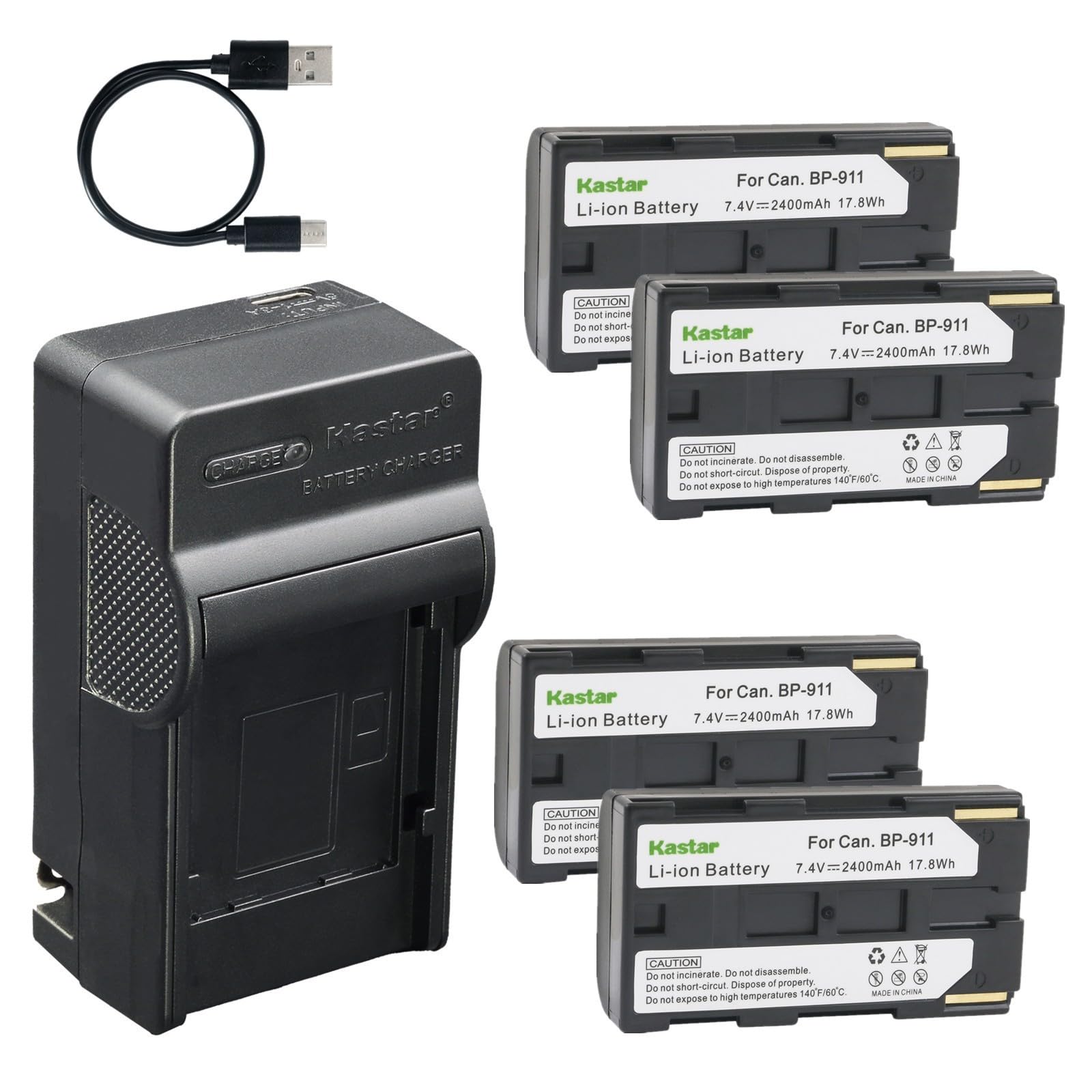 Kastar 4-Pack Battery and AC &amp; USB-C Charger, Compatible with Canon BP-911, XF100 XF105 XF200 XF205 XF300 XF305 XF400 XF405 C100 C300 C500 XH-A1 XH-G1 XL1 XL2 GL1 GL2 XM2 and More Camcorders