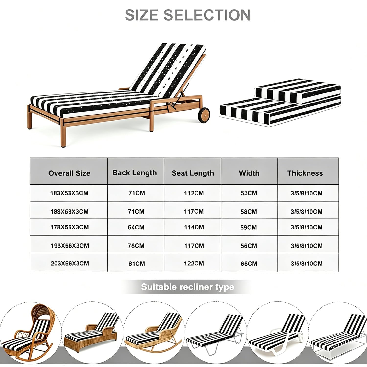 Coussin de Chaise Longue Rayé Imperméable, Bain de Soleil Pliable Épais, Sangles Antidérapantes pour Jardin, Terrasse, Plage et Salon