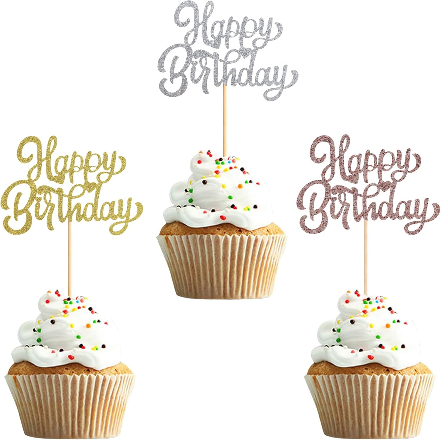 24Pcs Happy Birthday Cupcake Toppers Colorful Glitter Cupcake Picks Birthday Decorations Baby Shower Anniversary Party Supplies