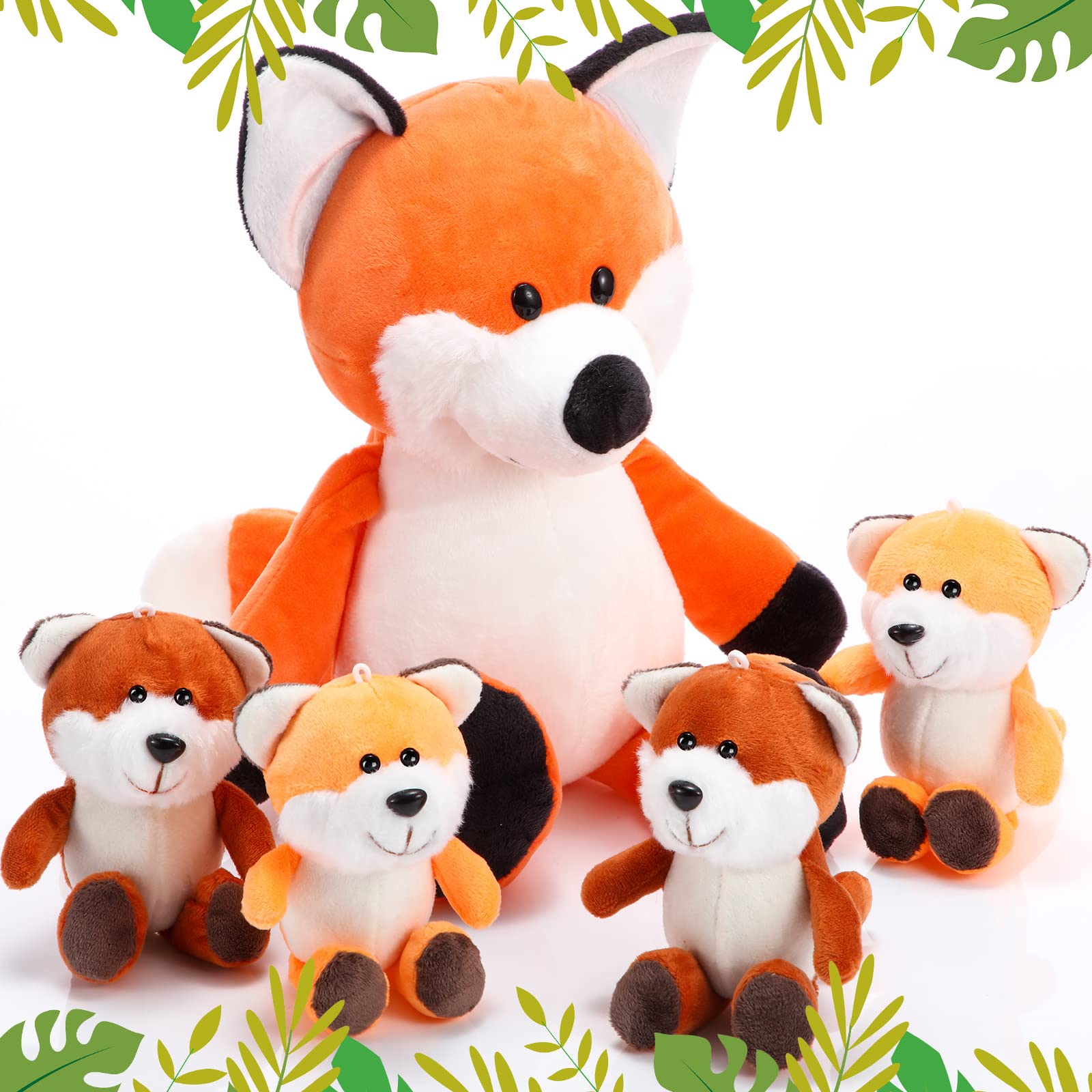 Fox Plush Stuffed Animal with 4 Baby Foxes, Soft Stuffed Fox, Lovely Fox Woodland Stuffed Animals for Boys Girls Birthday Home Sofa Room Forest Party Decor, 13.8 Inch, 4.7 Inch
