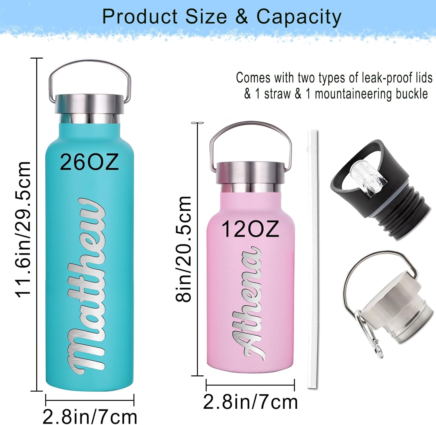 Personalized Water Bottles Custom with Straw Lid 12/26oz Engraved Name Logo Insulated Bottle Customized Double Wall Stainless Steel Water Bottles Gift for School Sports Office Outdoors - Image 6