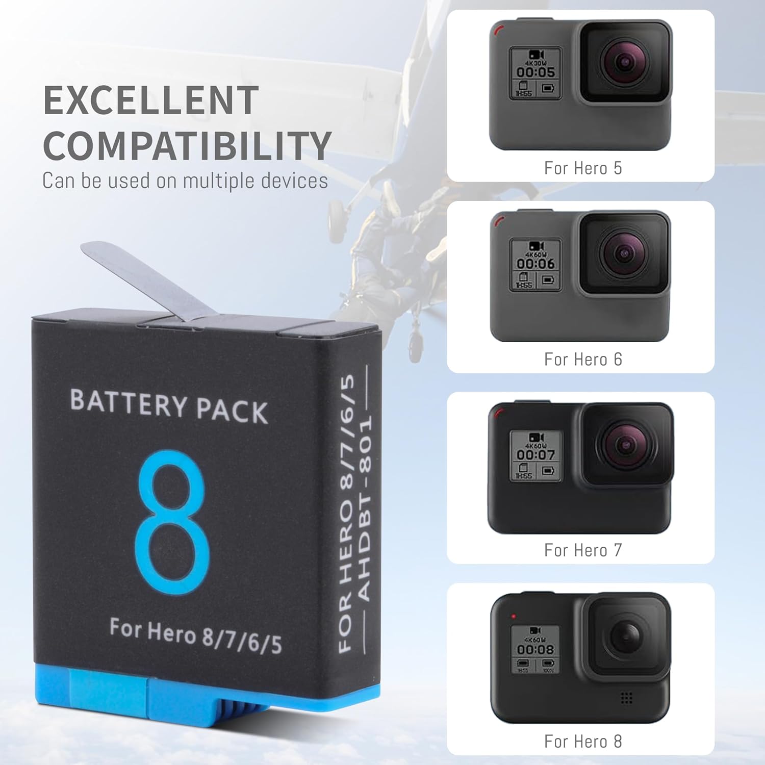 1500mAh 3-Pack Battery Compatible for Hero 8/7/6/5 Black Official with 3-Channel LED USB and Type-C Fast Storage Charger Box, Compatible with Hero 8, AHDBT-801 601-27537-000, 601-10197-000