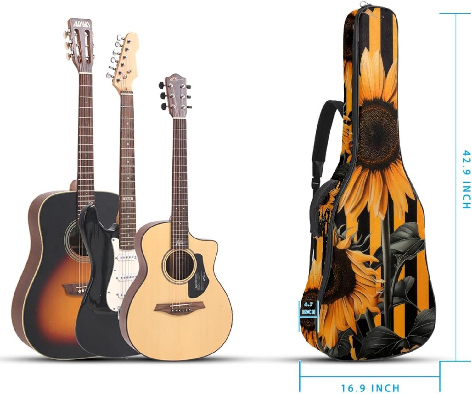 40 41 42 Inch Guitar Bags, Waterproof Padded Acoustic Guitar Case Backpack with Adjustable Shoulder Strap & Pockets, Sunflowers with Black and Yellow Stripes