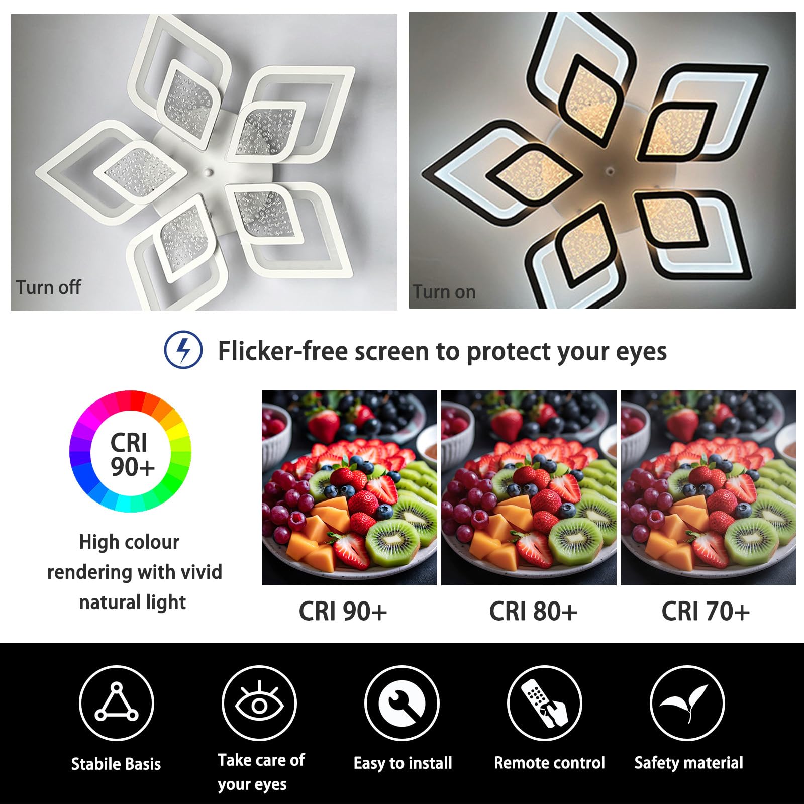 60cm Lampara Techo con APP Y Mando a Distancia Plafon Led Techo Flor Inteligente Decoración Creativa Lámpara de Techo Función de Memoria LED Regulable Embellece Dormitorio Infantil Salón-Black