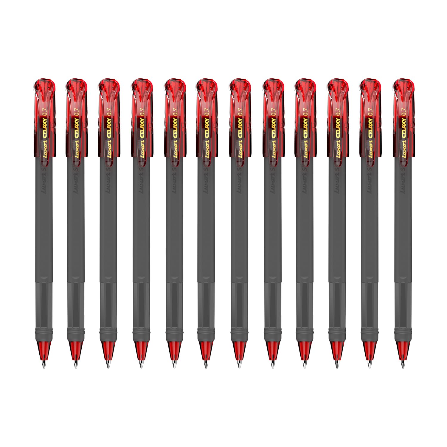 Luxor Schneider Gelaxy - Bolígrafo de gel recargable, paquete de 12 unidades, color rojo, escritura precisa de 0,7 mm, tinta de secado rápido, tecnología alemana, flujo de tinta consistente,