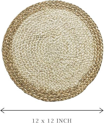 Miniatura 2 de Juego de 6 manteles individuales hechos a mano de yute con borde de hoja Kora de 15 pulgadas, diseño redondo trenzado natural, rústico, vintage,