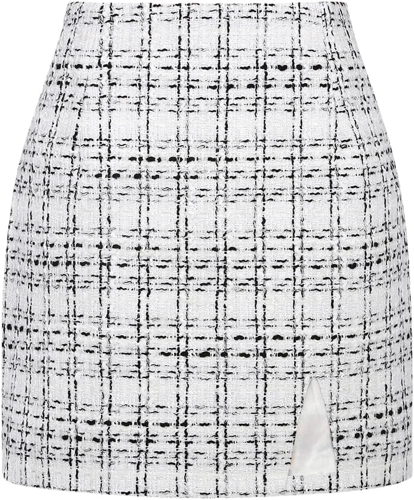 Plaid Mini Skirts for Womens High Waisted Fall Winter Wool Bodycon Pencil Skirts with Slit