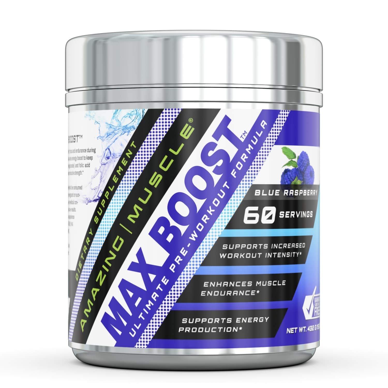 Amazing Muscle Max Boost- Advanced Pre-Workout Formula with Caffeine Anhydrous, AAKG, Bioperine, Creatine Monohydrate and More- Supports Increased Workout Intensity - 60 Servings (Blue Raspberry)