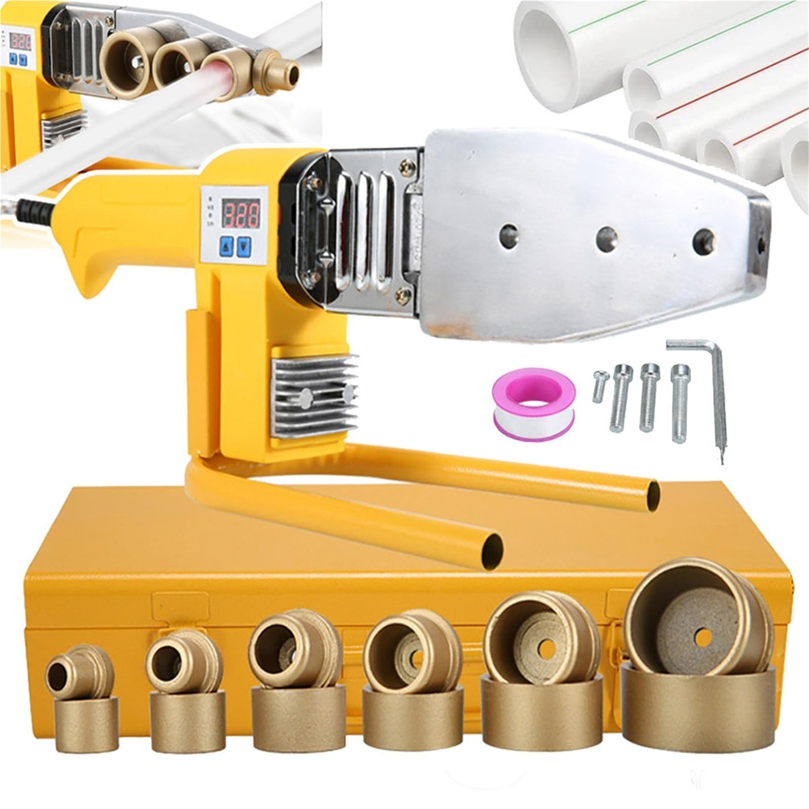 1000W PPR Pipe Welder Machine 6 Die Heads 20-63mm Iron Case Electric Hot Melt Tool Digital Display Double Heat Dissipation 0-320°C