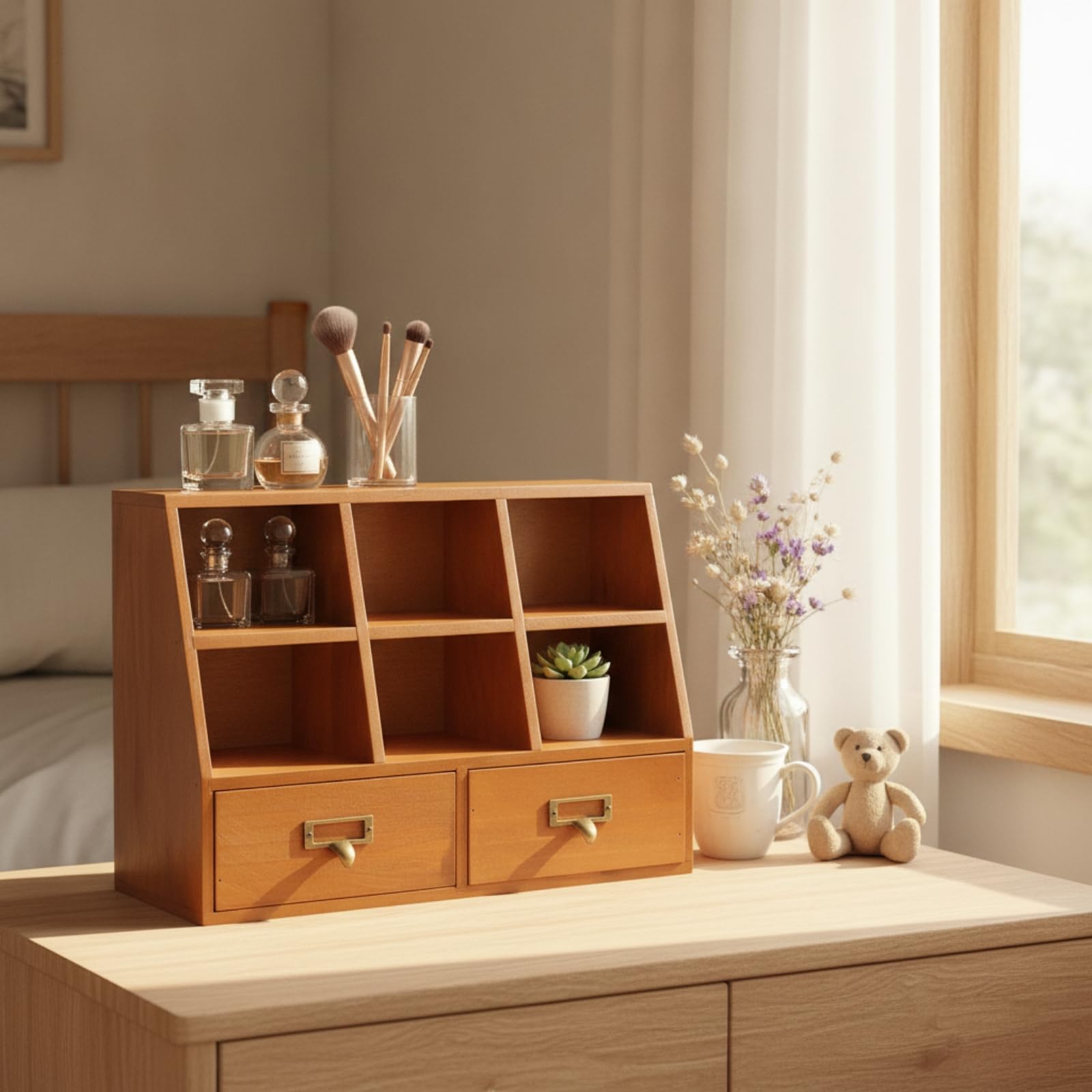 Organizzatore da Scrivania in Legno Elegante Organizzatore in Legno con Cassetti Compatto Cassettiera da Tavolo per, Organizzatore Da Scrivania Con Due Cassetti E Scomparto Aperto