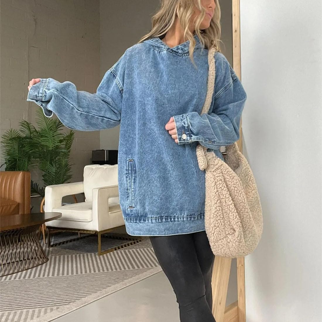 Sudadera Vaquera con Capucha para Mujer, Cuello en V, Oversize, Bolsillos Delanteros, Estilo Casual