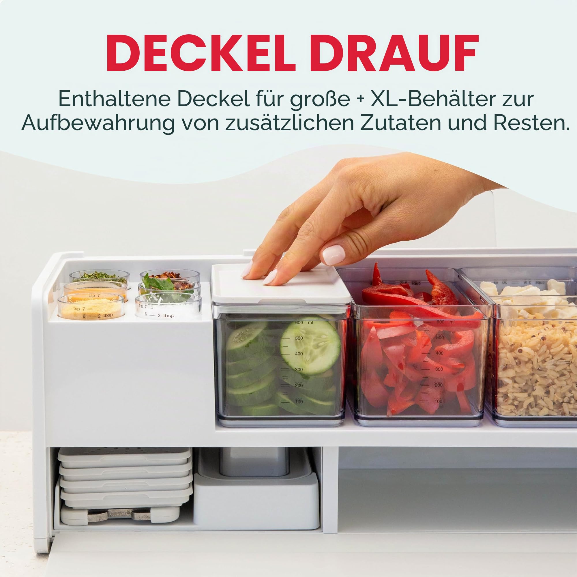 Prepdeck Gen 2 Rezeptvorbereitungs- und Aufbewahrungsstation – 8 wichtige Werkzeuge + Deluxe-Schneidebrett, 14 Kunststoffbehälter + superversiegelte Deckel, abnehmbare Müllfächer, Tablet-Ständer im