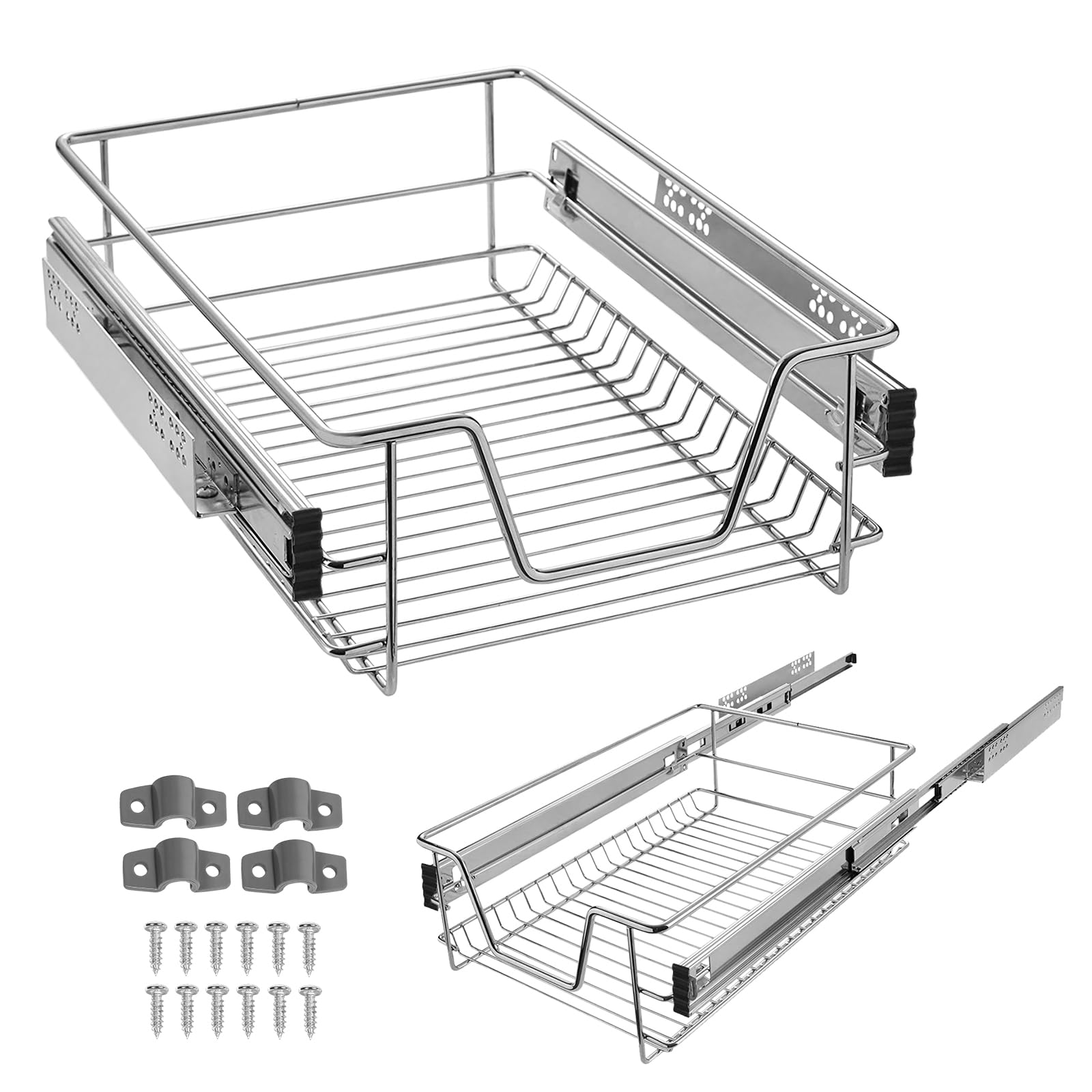 LARS360 Cassetto estraibile a rete da 400 mm, argento, scorrevole telescopico, set di 2 cestini portaoggetti per armadietti e credenze da cucina, base per dispensa, dimensioni: 370x440x140 mm