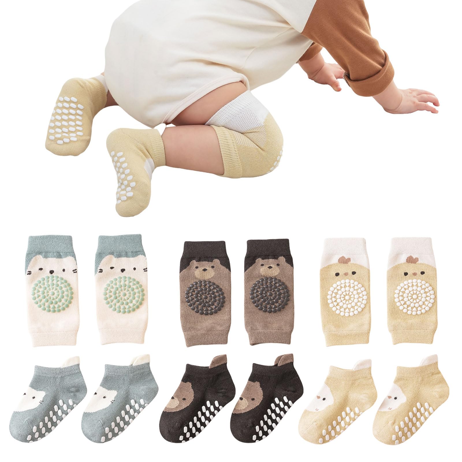 Mezrkuwr Baby Krabbeln Set: 3 Paar Knieschoner & Socken mit Anti Rutsch Gummipunkte für Kleinkinder 0-12 Monate