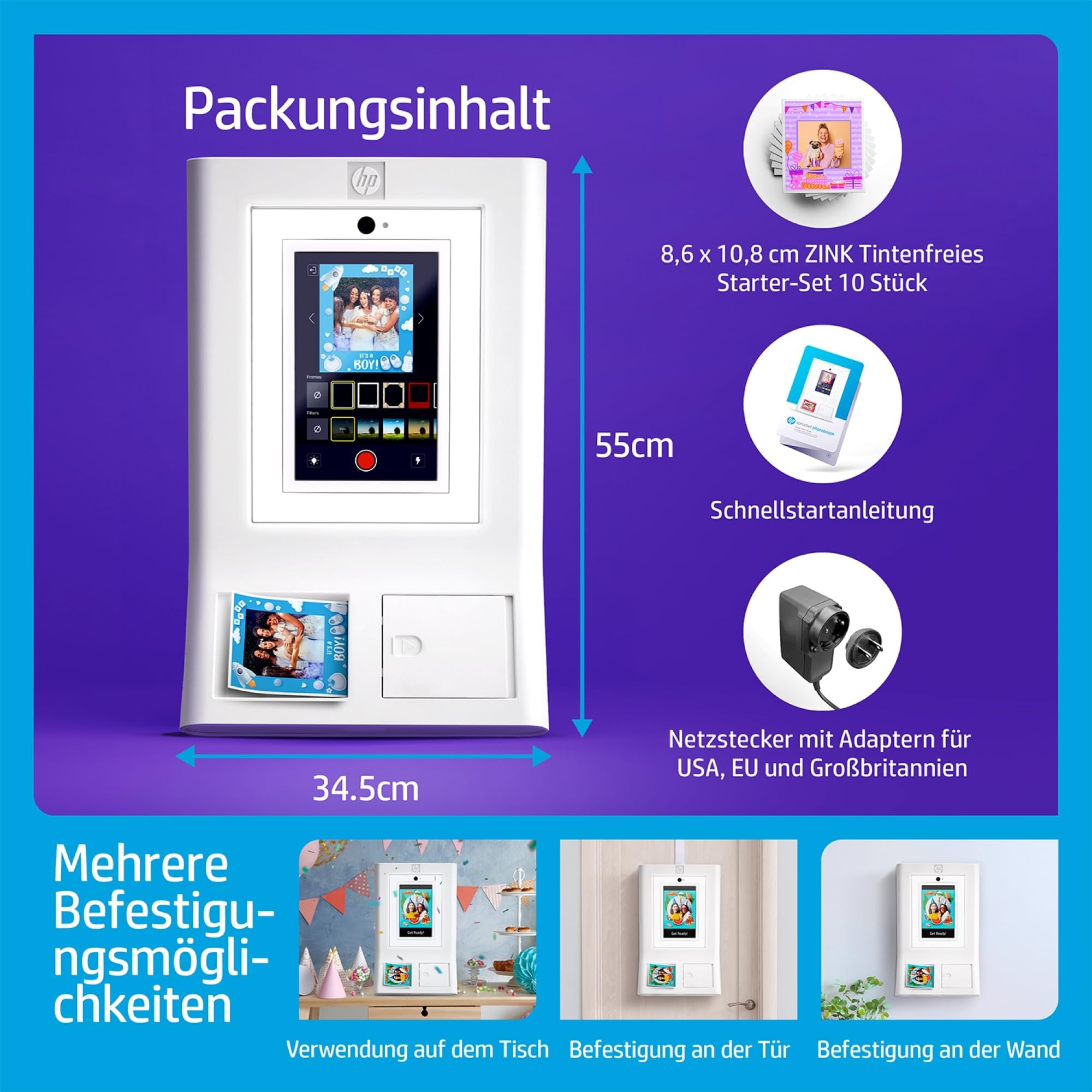 HP Sprocket Photo Booth Sofortbild-Farbfotodrucker, 10,1" (25,6 cm) Touchscreen, Ringlicht, individuelle Rahmen, 3 x 4 (7,6 x 10,1 cm) Zink-Fotopapier, Weiß.