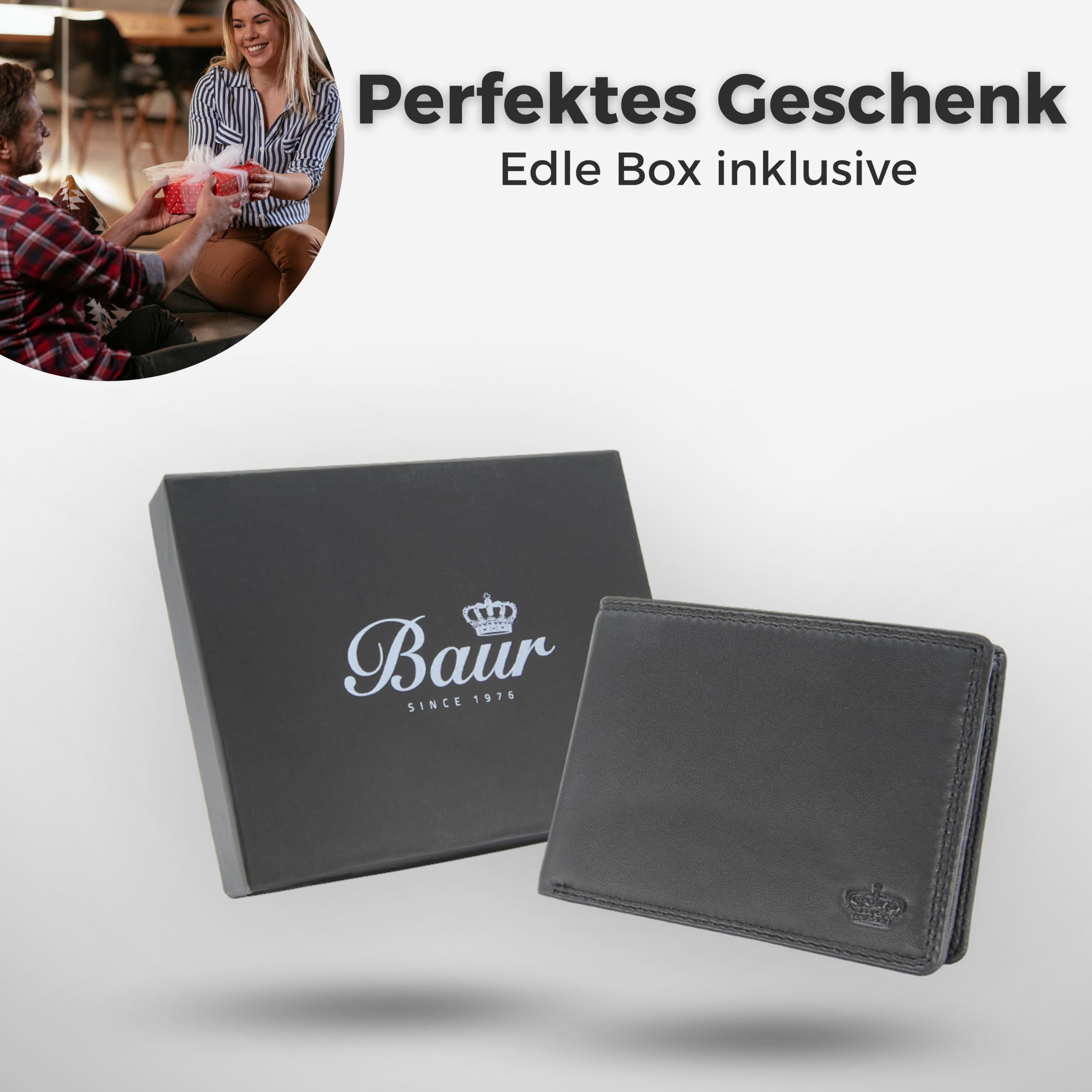 Baur Herren Geldbörse – Echtes Leder mit RFID-Schutz – Kleines Portemonnaie im Querformat aus Nappa-Leder mit 8 Kartenfächern und Münzfach (Querformat Klein, Schwarz)