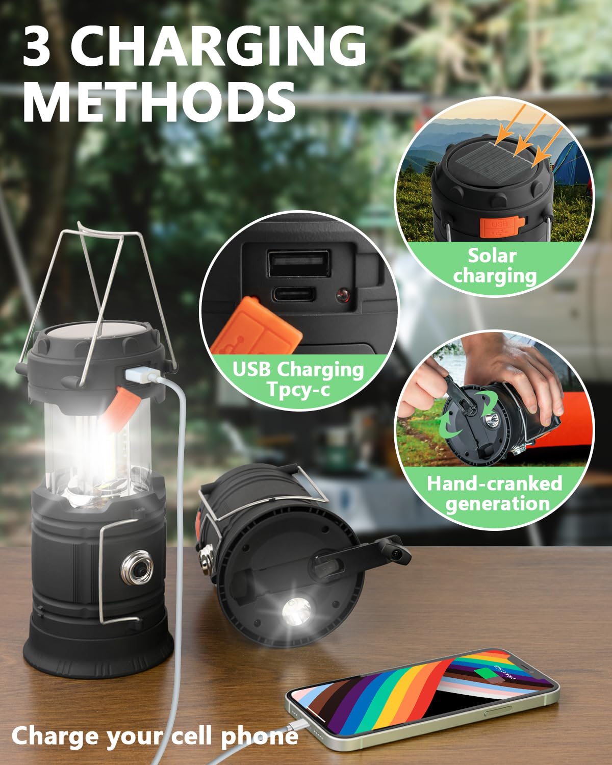 Linterna solar de camping con manivela, linterna LED ultrabrillante portátil de gran capacidad, cargador USB, linterna electrónica para exteriores (2 unidades, 5803-C, ABS, negro, 2, 5803-C)