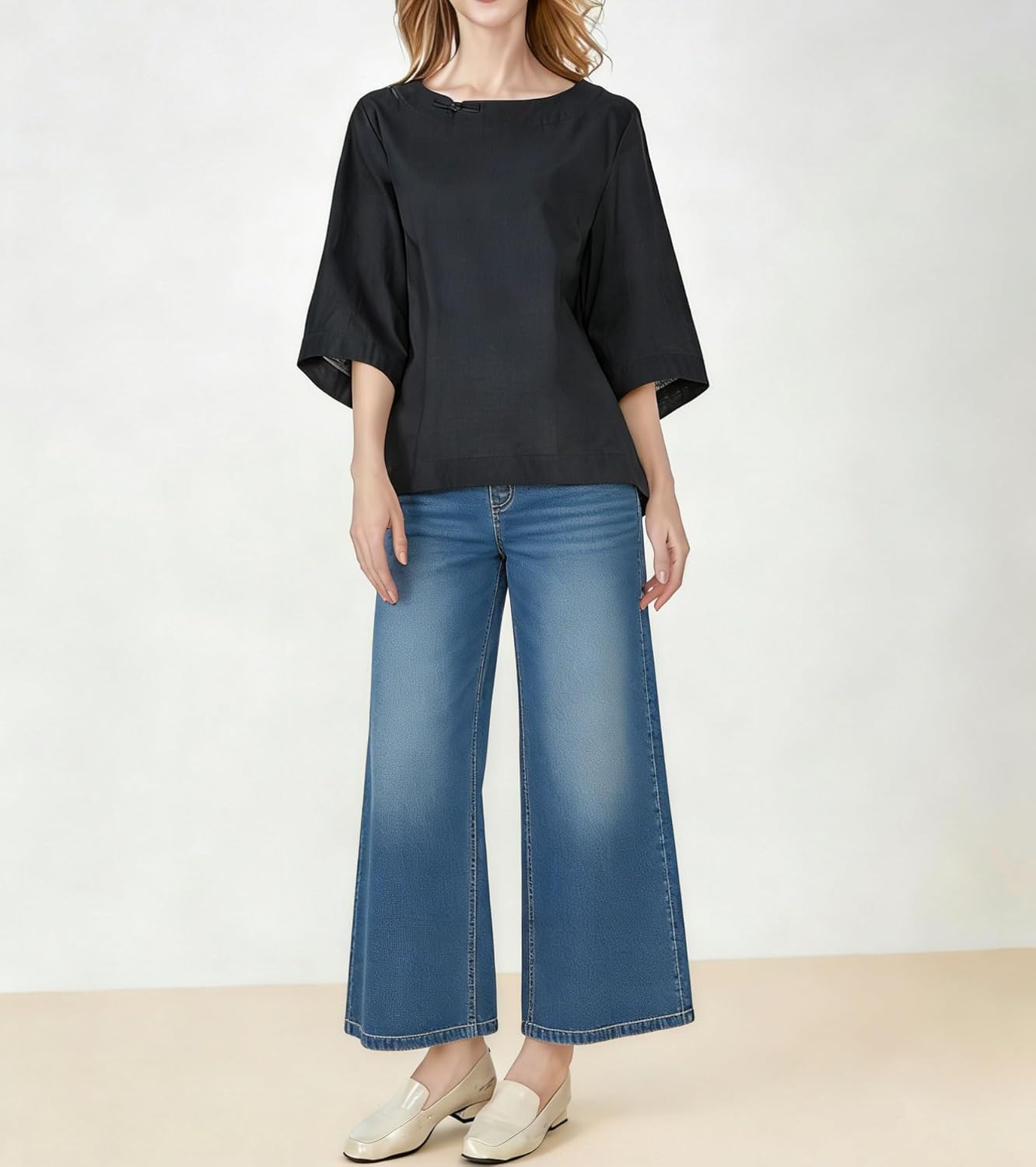 Minibee Women's Linen Blouse Round Neck 3/4 Sleeve Shirt Tops with Chinese Frog Button