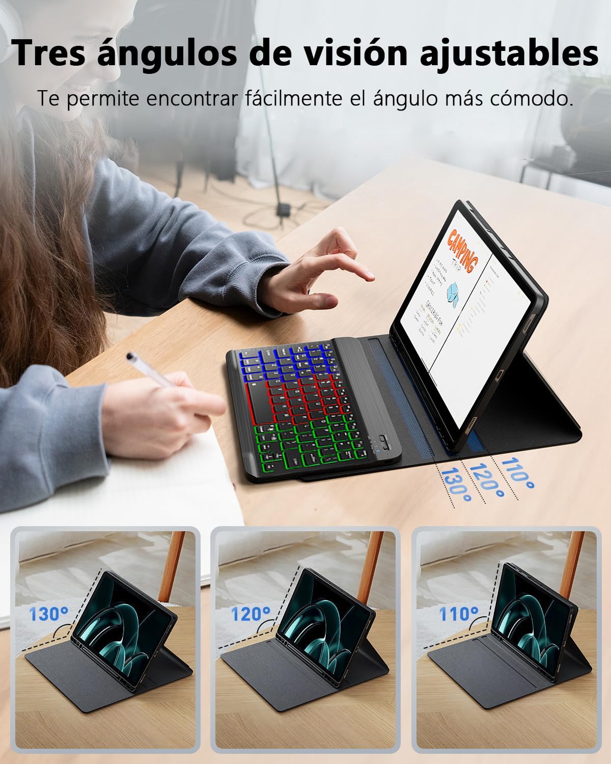 Para iPad A16 11 Generación (2025) 11 pulgadas / iPad 10 Generación (2022) 10,9 pulgadas funda con Teclado inalámbrico Bluetooth retroiluminado (teclado QWERTY, distribución española) y ratón，Negro