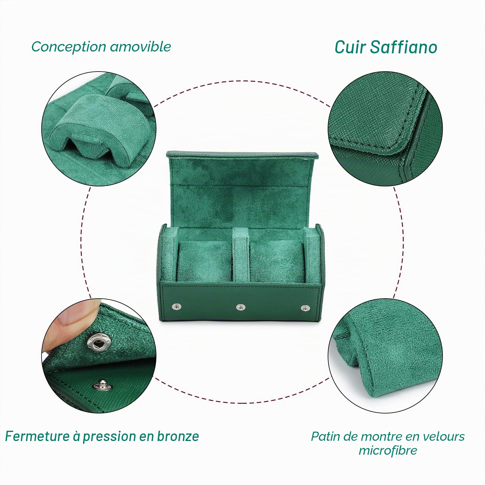 Hiram Étui de voyage en cuir véritable hexagonal, 2 rouleaux de montre, boîte de rangement, organisateur de protection pour montres (vert)