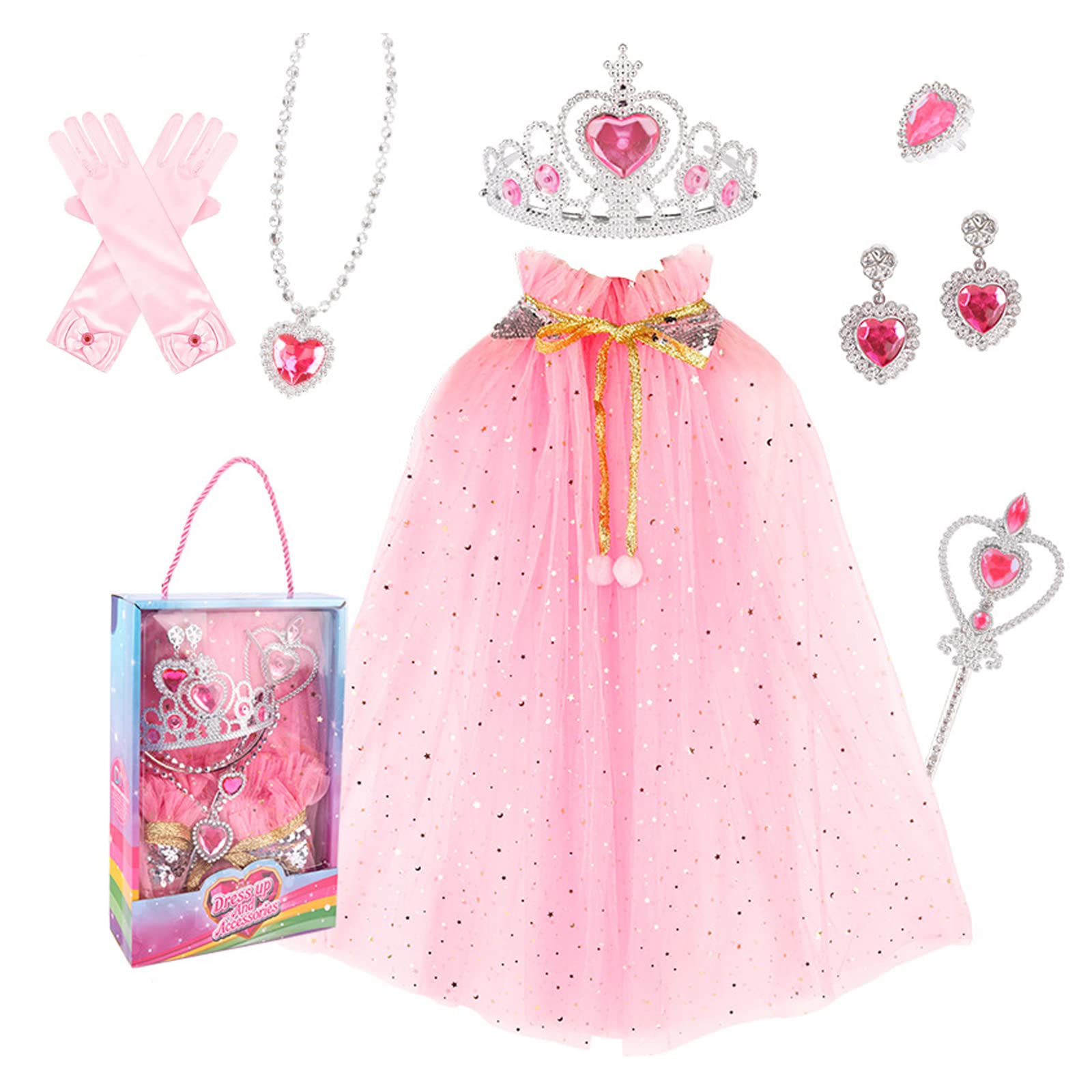 GraGra Princess Costumes for Girls, Dress Up for Girls, Princess Dress Up Princess Cape Set Fancy Dress Girls Dress Up Clothes Party Cosplay Cloak with Jewelry Tiara Crown Magic Wand Gloves