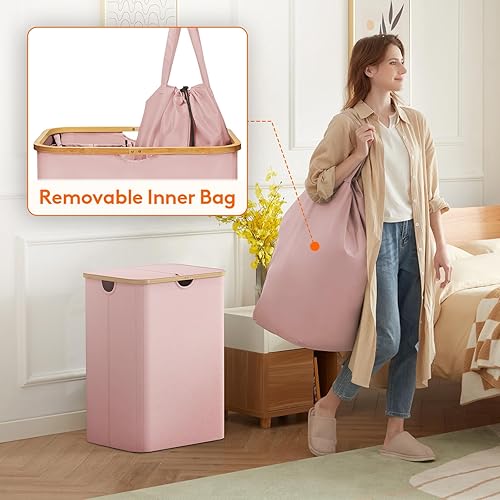 Miniatura 235 de Lifewit Cesta grande de 100 litros con tapa para ropa con asas de bambú y bolsa extraíble, plegable para dormitorio, baño, residencia universitaria