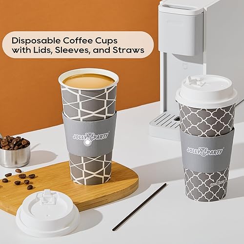 Miniatura 27 de JOLLY PARTY [100 juegos] Tazas de café de papel de 12 onzas, tazas de café desechables con tapas, fundas y pajitas, taza para beber bebidas frías