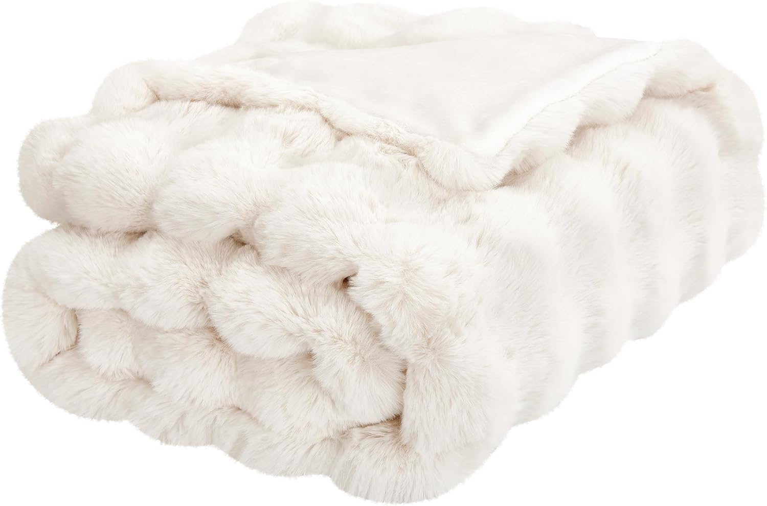 JONIYEAR Soft Fuzzy Oversized Bubble Faux Rabbit Fur Throw Blanket 60" x 70", Reversible Thick Warm Fluffy Blanket for Winter, Luxury Cozy Puffy Shaggy Furry Blankets for Bed, Twin Size, Cream White - Image 6