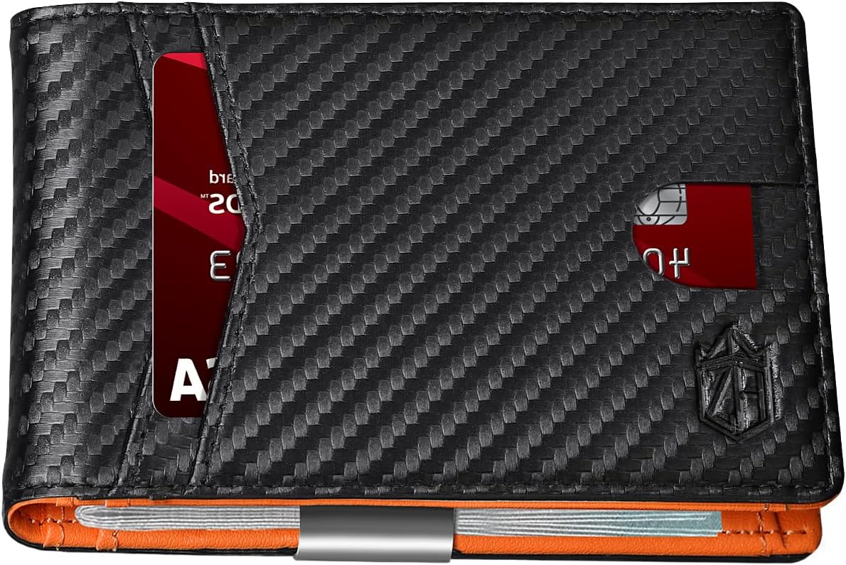 Zitahli Men's Wallets Slim-Leather Money Clip RFID Front Pocket Bifold Wallet-Minimalist Credit Card Holder with Gift Box, Carbon Orange, Minimalist