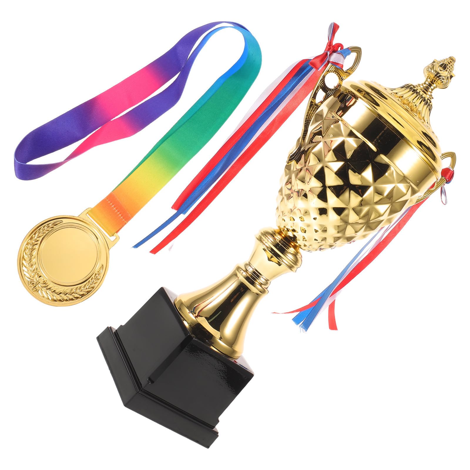 Set Premio con Coppa Oro e Medaglia in Metallo con Nastro per Riconoscimento Risultati Sportivi e Competizioni Scolastiche o Tornei Aziendali