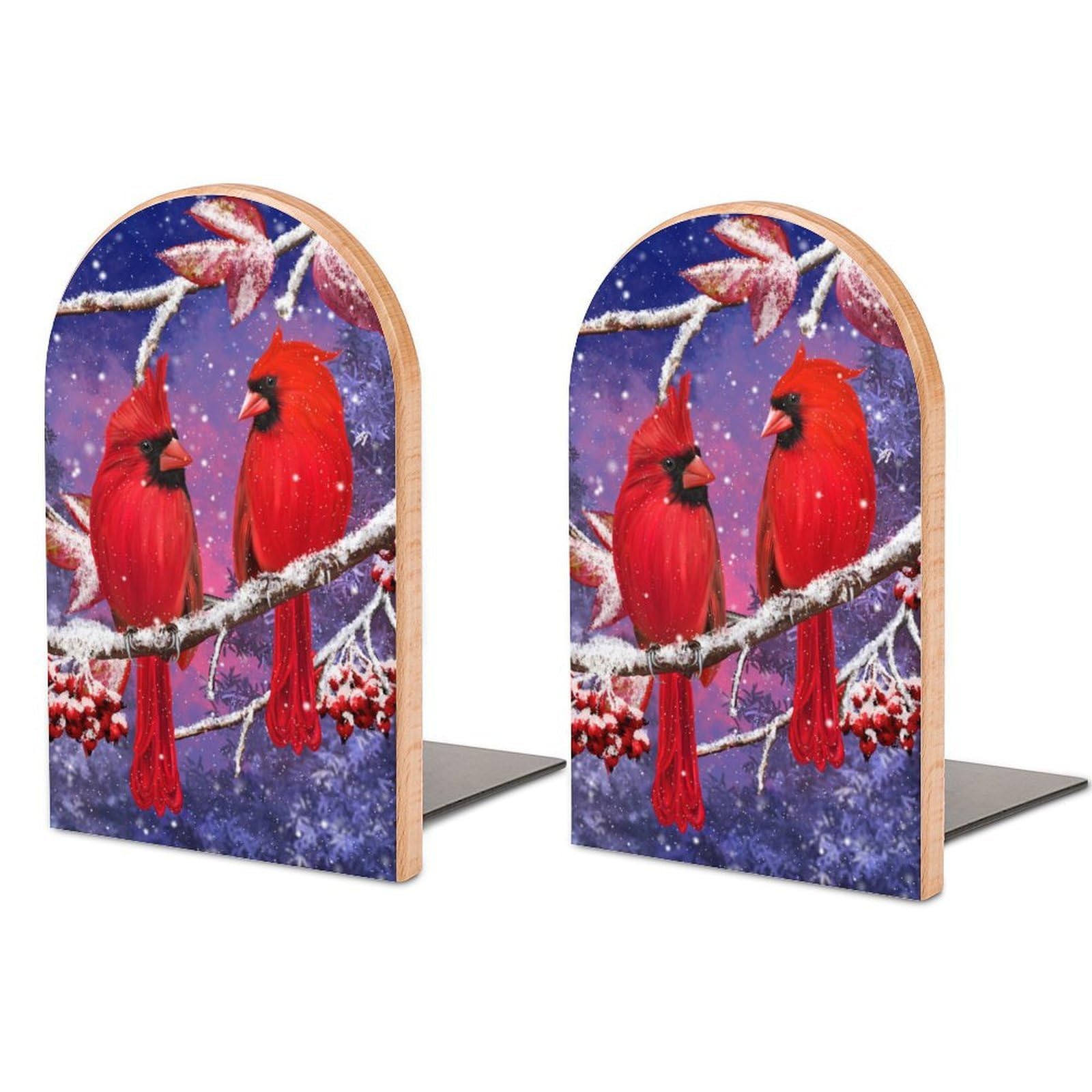 Bird Snowy Red Cardinal Book Ends Wood Non-Slip Books Stand Book Holders Book Stopper Organizer for Shelves Home Office