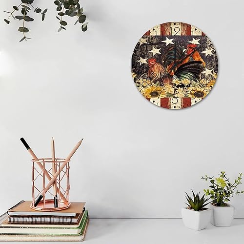 Miniatura 2 de Reloj de pared silencioso de 10 pulgadas que no hace tictac, funciona con pilas, diseño patriótico de gallo del 4 de julio, decoración del hogar