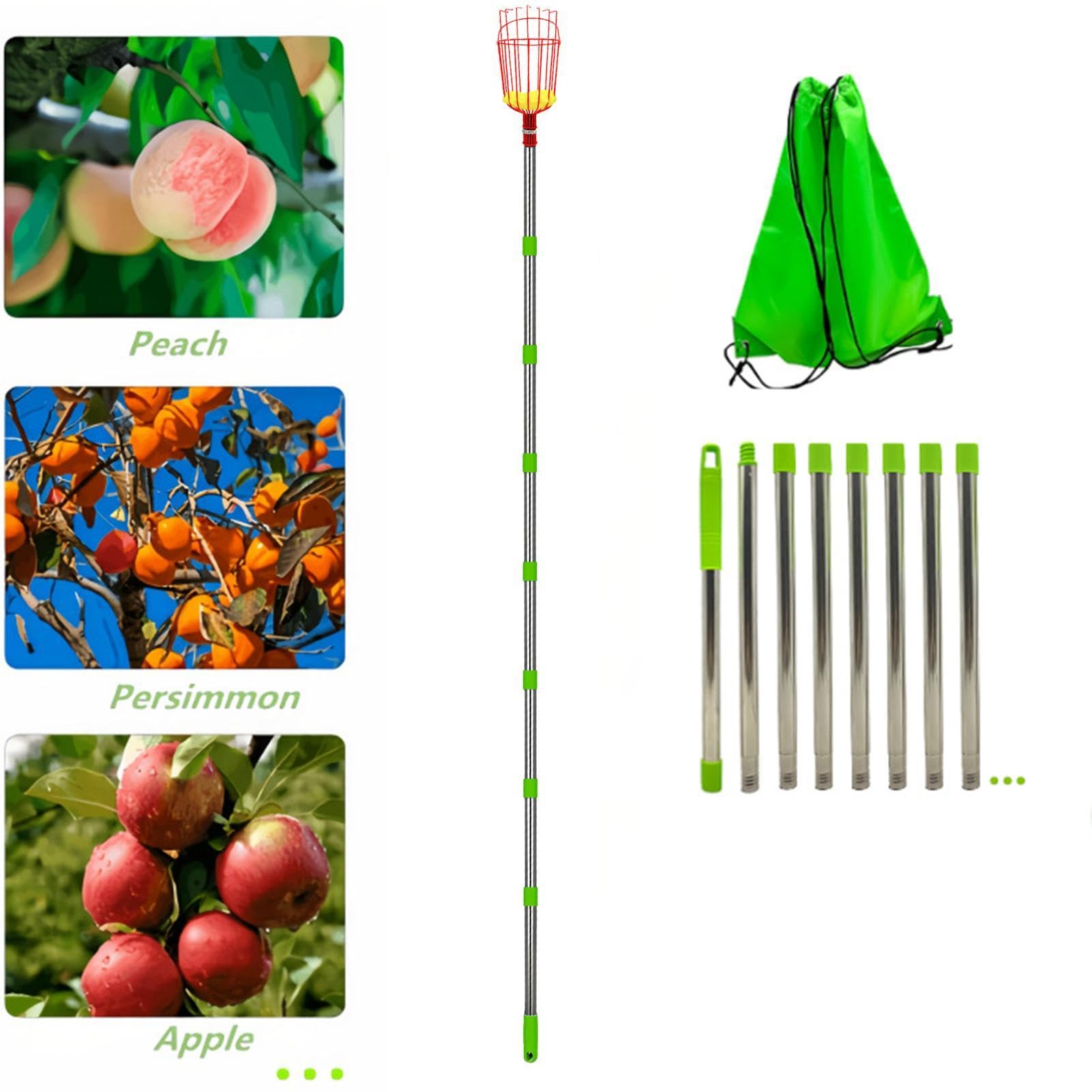 Strumento raccoglifrutta – raccogli frutta facile, raccogli frutta a piede | asta telescopica in acciaio con cestino, raccoglitore di frutta, cestino con telescopico, leggero raccoglitore di